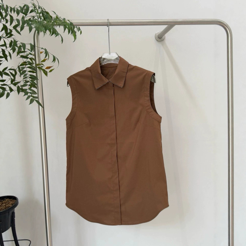 2026 New Bc Brand Maillard Brown Women's Sleeveless Collared Vest Shirt Versatile Slimming Turn-Down Collar