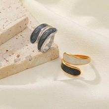 新款复古黑白滴油不锈钢指环女 简约流行开口调节18K镀金指环批发