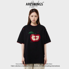 Areswingsアメリカのレトロなアップルタオル刺繍半袖tシャツ