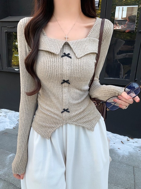 甜美洋气蝴蝶结chic方领打底上衣女秋季新款褶皱显瘦短款长袖T恤|undefined