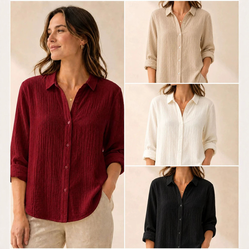 2026 European and American Women's Clothing Christmas Color Solid Color Home Casual Vacation Polo Button Shirt