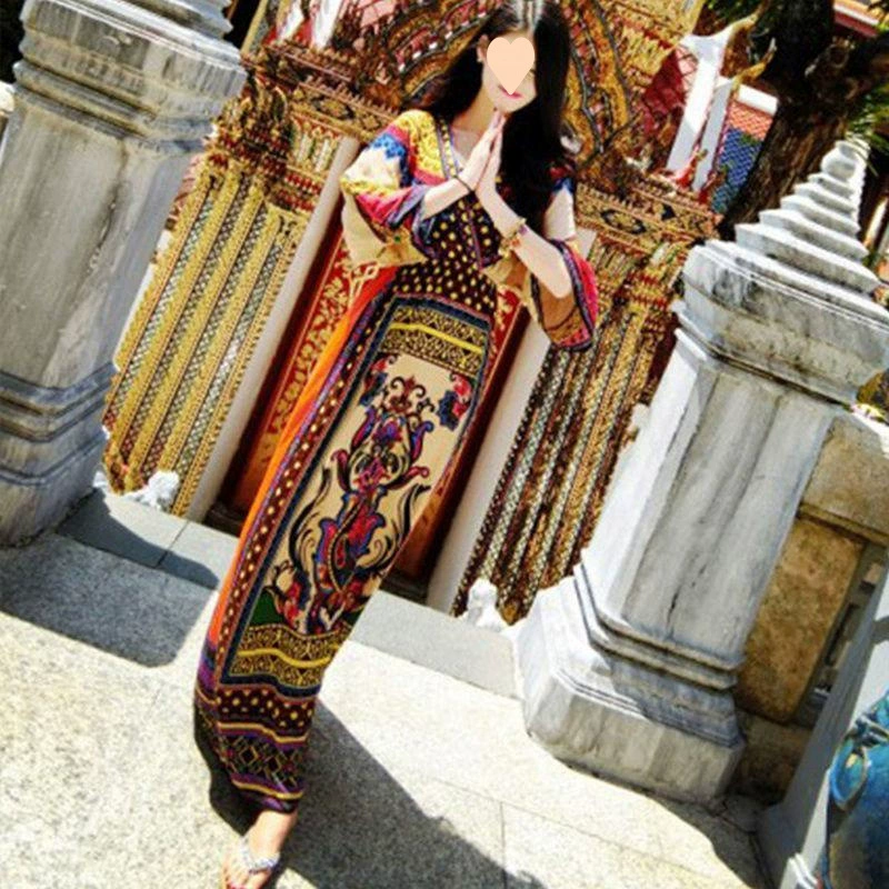 Летний новый стиль, тайское платье для путешествий и отдыха в этническом стиле с принтом, богемное утягивающее морское пляжное платье, длинная юбка