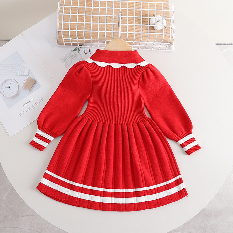 Children's Autumn and Winter Girls New Candy Color Reverse Collar with Floral Fleece Dresses for Girls, Fashionable_voghion.com