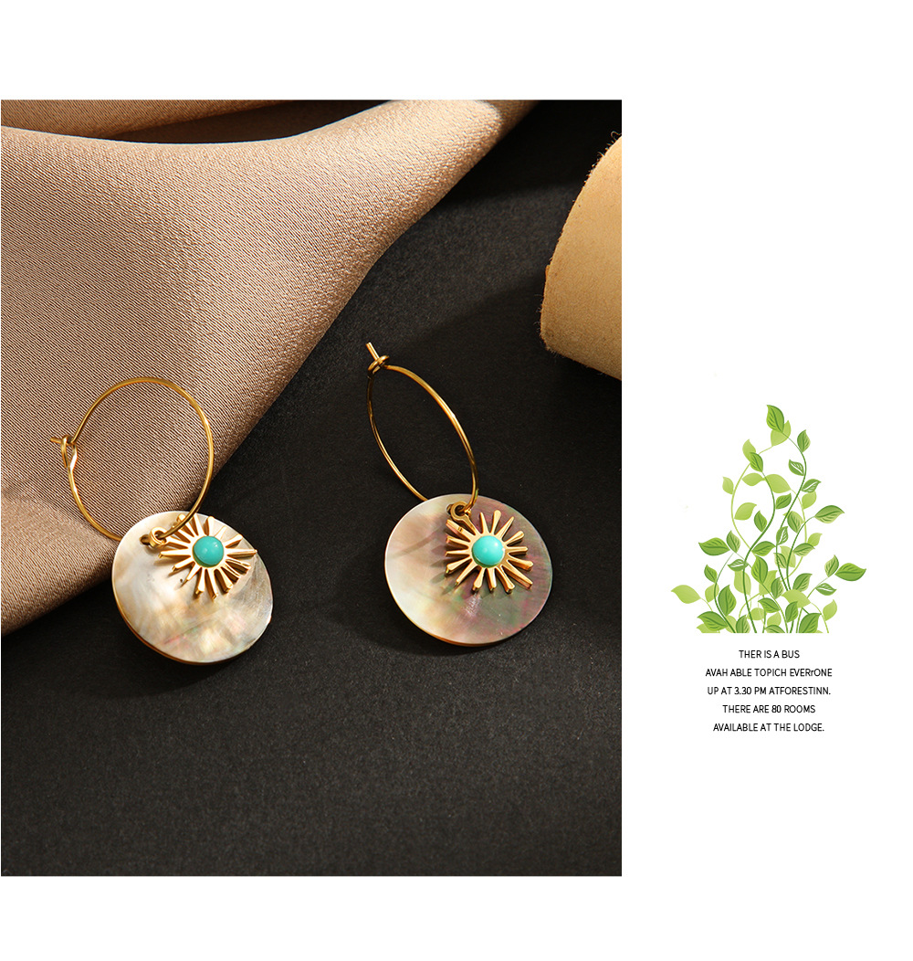 Vacation Round Stainless Steel Gold Plated Turquoise Shell Earrings 1 Pair