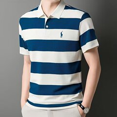 夏の新型男性poloシャツカジュアル高級ビジネス上着通気性無料襟ストライプ半袖tシャツ男