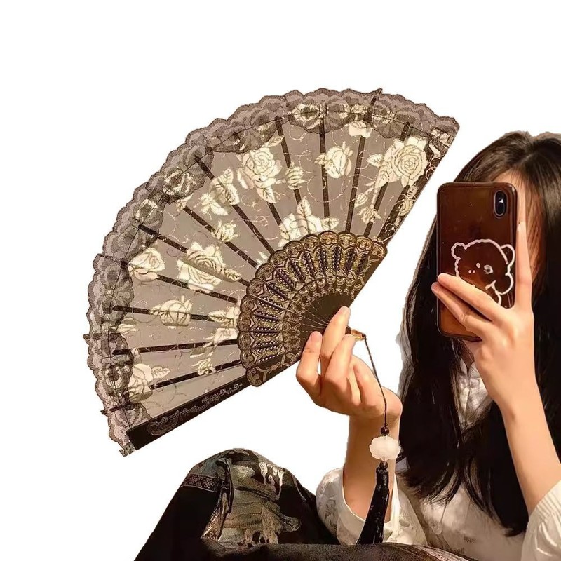 ローズレースファン中国扇子ダンス扇子写真漢服チャイナドレス写真古代スタイルポーズインターネット有名人小道具|undefined