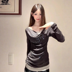 韩系复古假两件印花荡领长袖t恤女早秋收腰设计感气质别致上衣潮