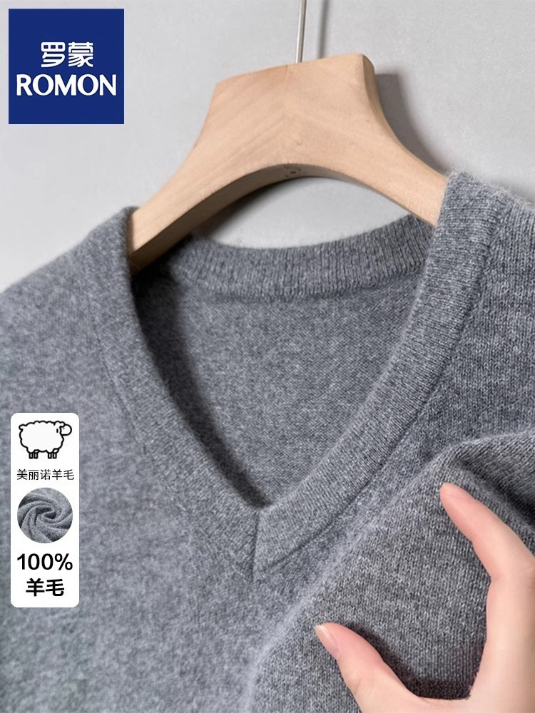 Romon Wool Sweater for Middle-Aged Men, V-Neck, Solid Color, Thickened for Winter, Knitted Heart-Neck Base Shirt, Ligho