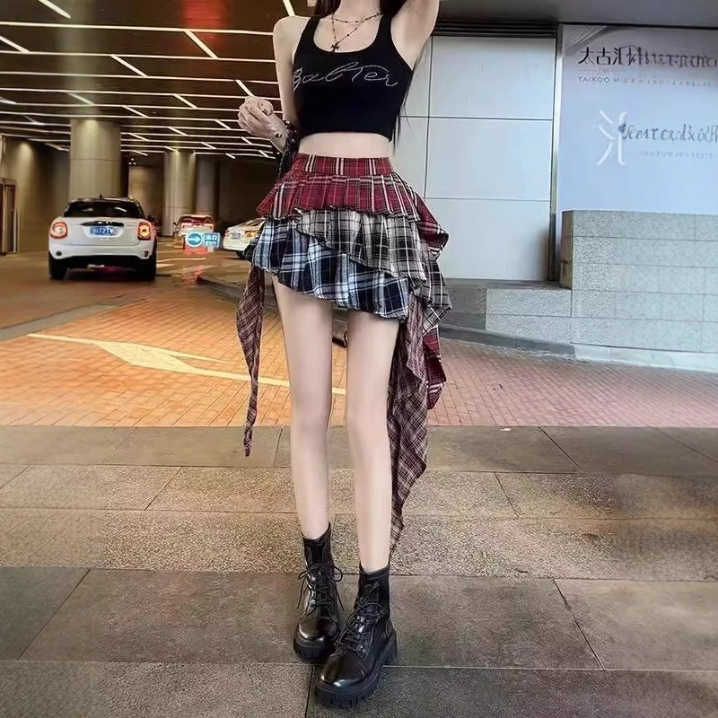 2025小众不规则格子拼接半身裙女夏季纯欲辣妹风设计感A字裙潮ins
