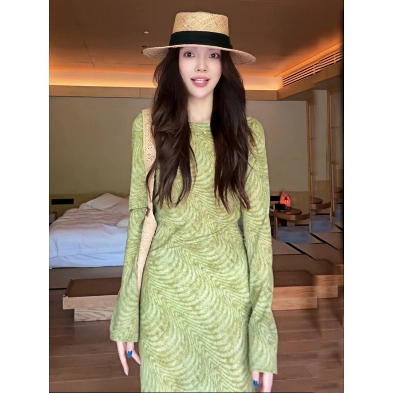 法式复古印花长袖连衣裙女2025夏季薄款高级感气质显瘦修身长裙子|undefined