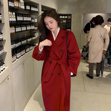 秋冬季新款韩系复古双排扣毛呢外套中长款呢子宽松高级感大衣女