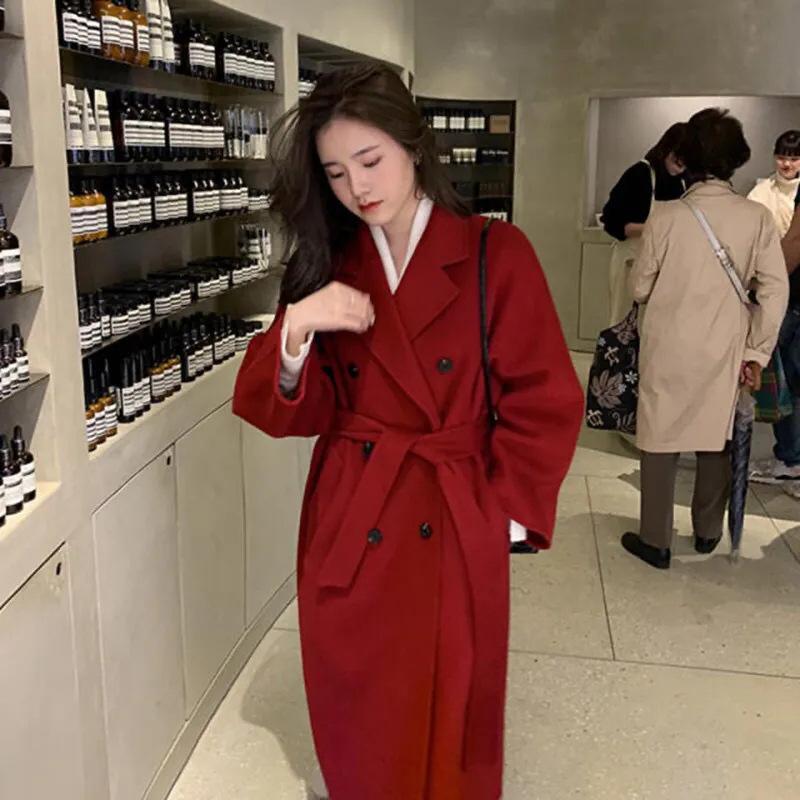 秋冬季新款韩系复古双排扣毛呢外套中长款呢子宽松高级感大衣女