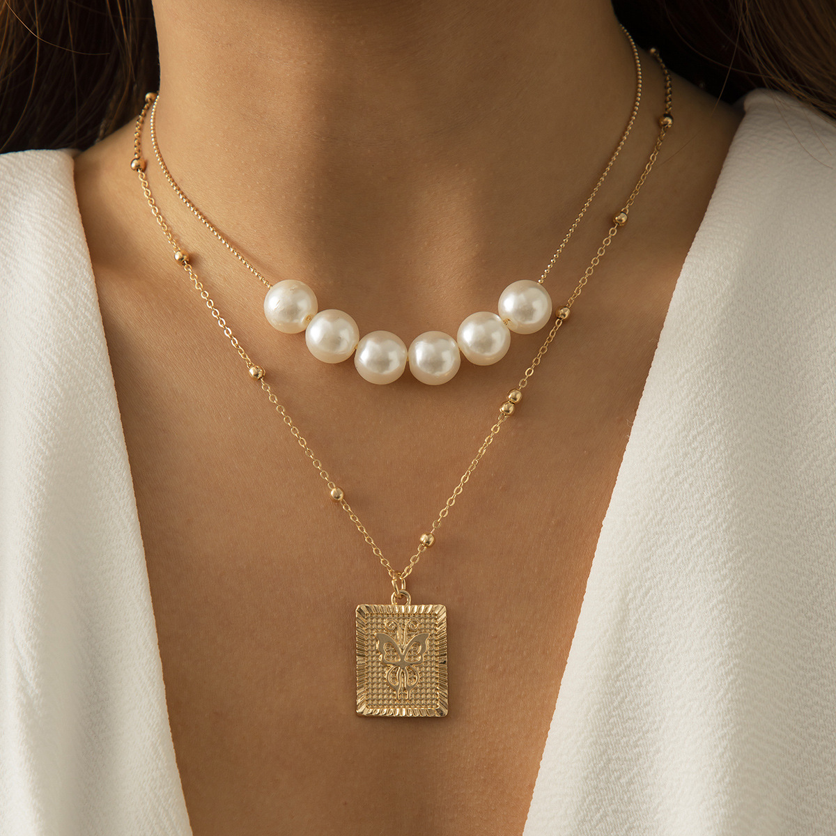 法式复古仿珍珠几何方牌项链 简约人像蝴蝶方牌项饰 欧美跨境饰品