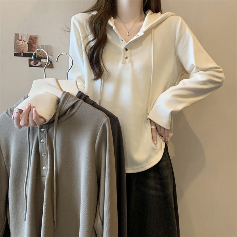 Pure Cotton Shoulder Hooded Sweatshirt Women's Spring and Autumn New plus size chubby girl Slim-fit Waist Thin Long-sleeved Short Top for Women