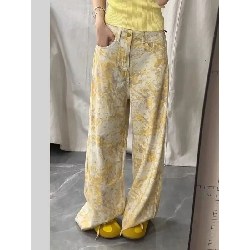Vintage Tie-Dye Printed Wide-Leg Jeans for Women, Spring and Summer New Stylish Casual Versatile Straight-Leg Floor-Length Pants