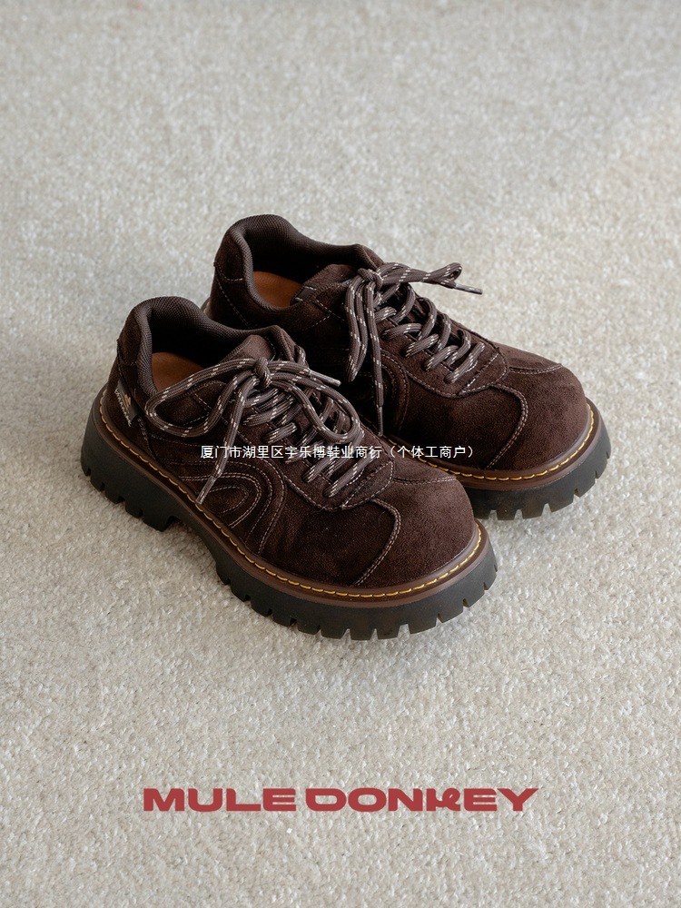 Donkey棕色大头德比鞋男女款反绒秋冬厚底增高小个子复古皮鞋