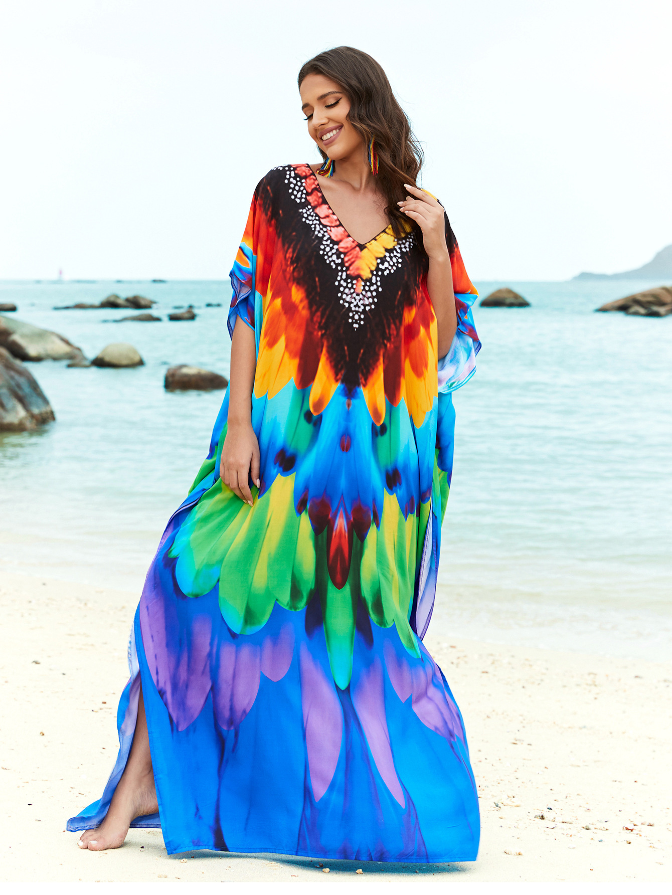 Rochie de plajă lungă kimono dama boho viscoză tie-dye_voghion.com