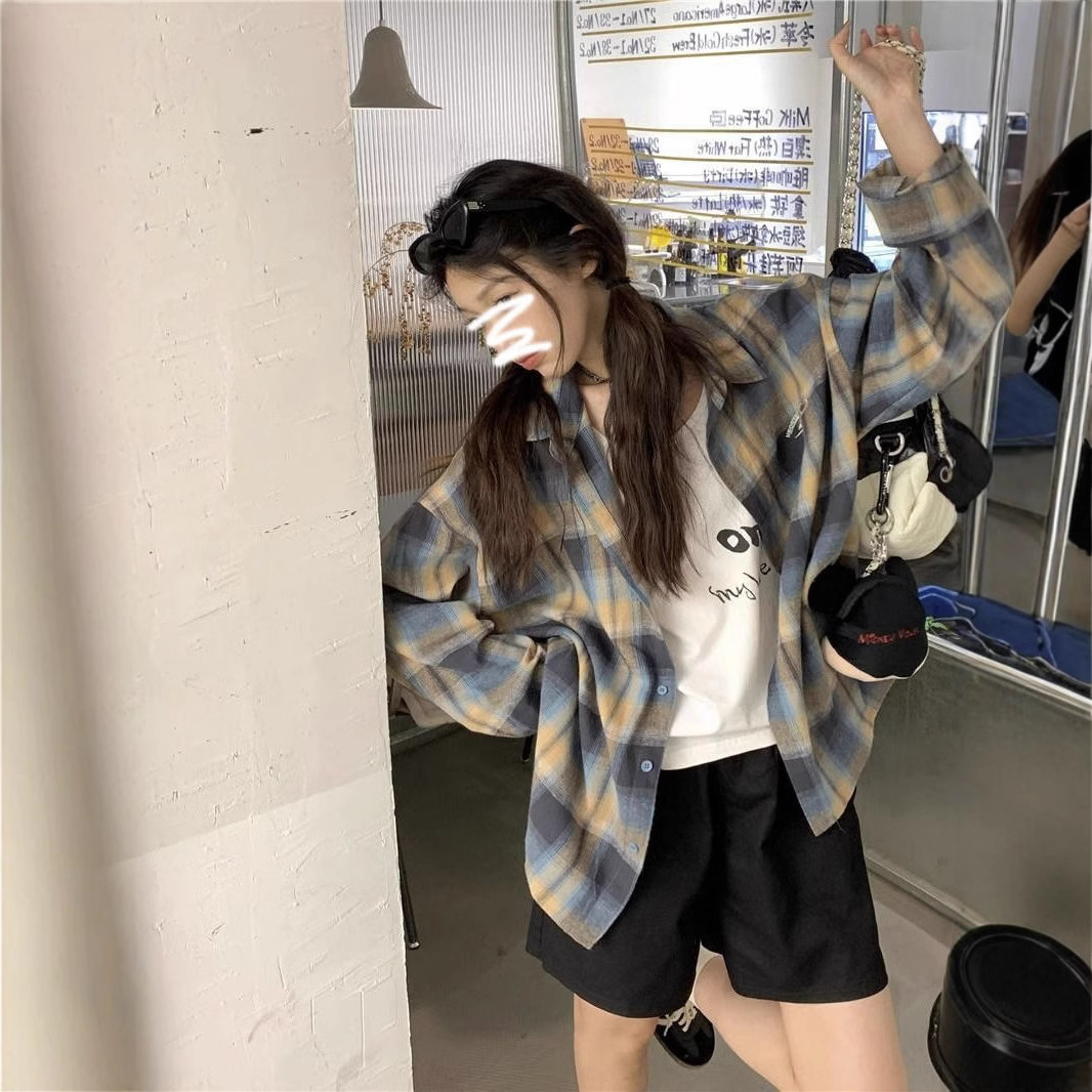 美式复古撞色格子防晒衬衫男女秋款款慵懒风长袖宽松薄款衬衣外套
