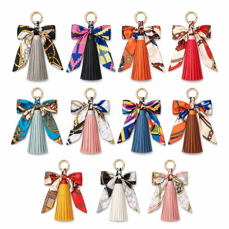 Bag tassel pendant, bowknot silk scarf tassel, PU leather tassel keychain, women's bag charm accessory Bag tassel pendant, bowknot silk scarf tassel, PU leather tassel keychain, women's bag charm accessory