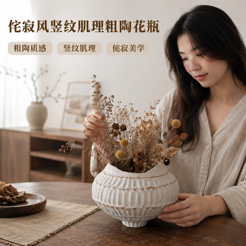 Jingdezhen vertical-patterned rustic ceramic flower vase with an irregular rim, white vintage ceramic pot, decorative item for model rooms, dry flower vase Jingdezhen vertical-patterned rustic ceramic flower vase with an irregular rim, white vintage ceramic pot, decorative item for model rooms, dry flower vase