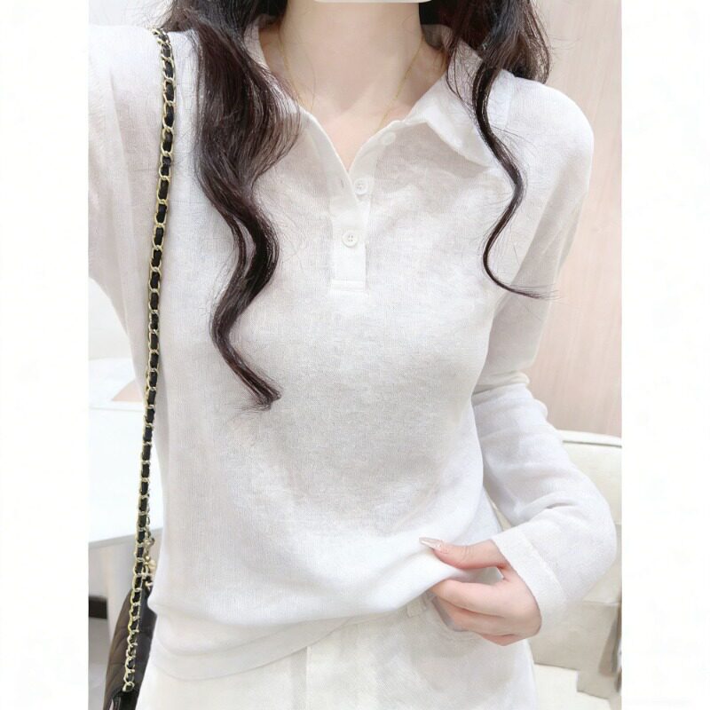 Youthful-looking polo-neck white snowflake cotton long-sleeve T-shirt for women, 2026 new fashion style, suitable as an inner layer or base layer Youthful-looking polo-neck white snowflake cotton long-sleeve T-shirt for women, 2026 new fashion style, suitable as an inner layer or base layer