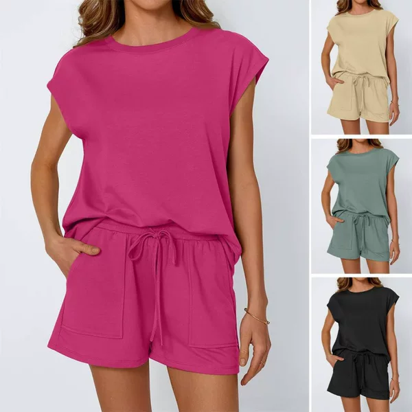 2026 Spring and Summer Amazon European and American Cross-Border Foreign Trade New Spring and Summer Style Round Neck Loose Short-Sleeved Two-Piece Suit for Women