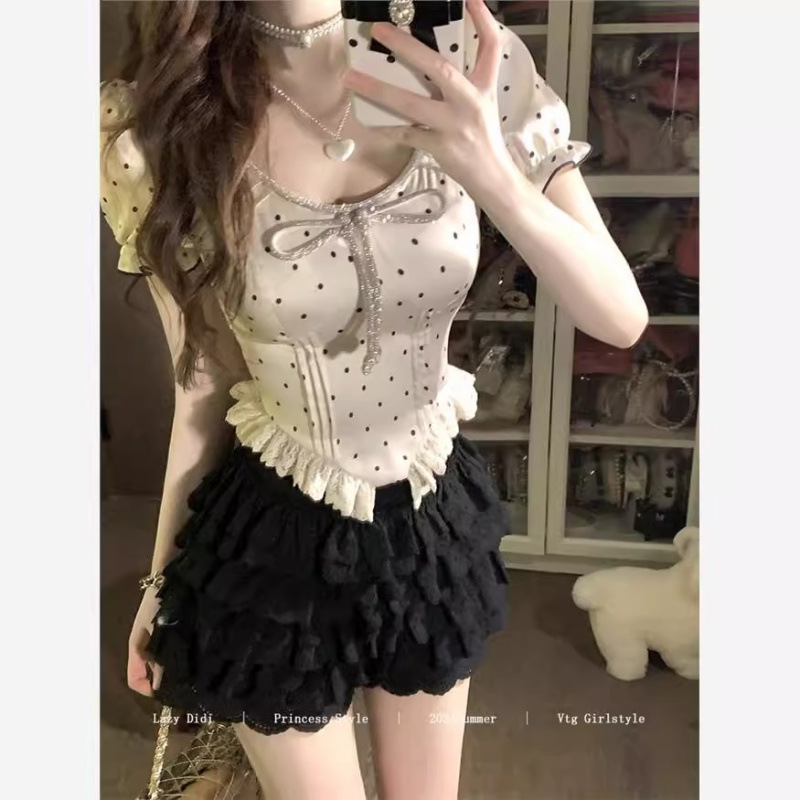 ストリートスタイル、ユニークで美しい、スカートとトップス、リッチガール、甘い水玉模様のラインストーン、スリムフィット、半袖、夏|undefined