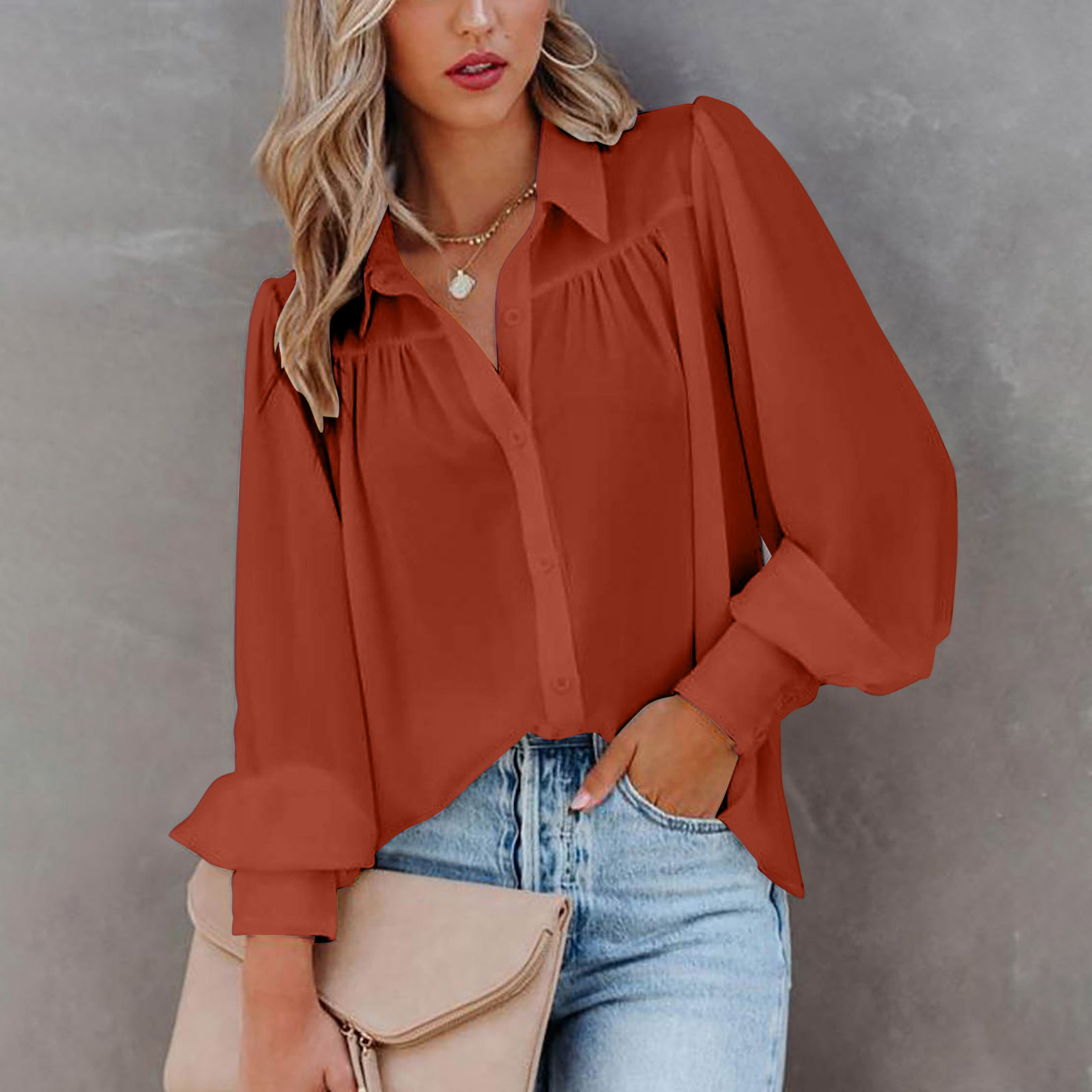 Casual Solid Color Turndown Long Sleeve Regular Sleeve Button Blouse