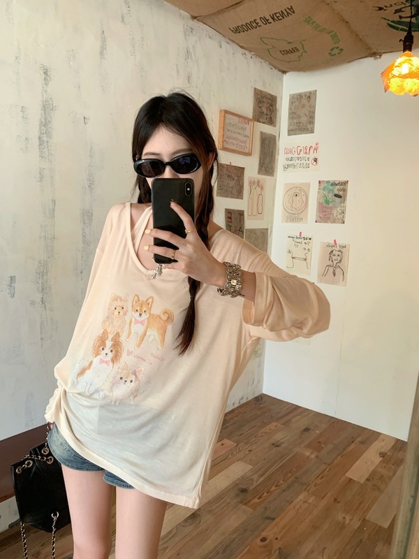 スノーフレークコットンスイートスーツ子犬プリント薄手長袖Tシャツレディース夏インナーホルターネックサスペンダーツーピースセット|undefined