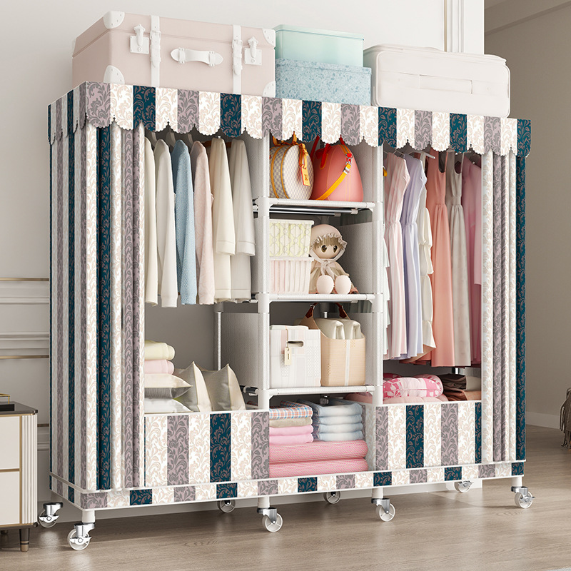 Cremallera completamente cerrado armario de tela simple tubo de acero reforzado en negrita espesado marco de acero completo gabinete de tela de almacenamiento en casa con ruedas