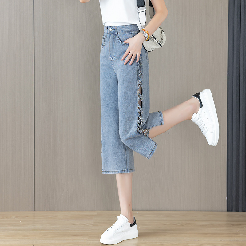 Loose Harem Cropped Jeans for Women, Summer Thin Style for Petite Figures, 2025 New Hollow Slimming Straight Pants for Women