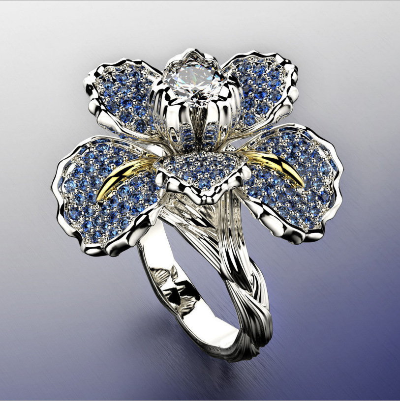 Bedi micro-inlaid Diamond Iris two-tone ring European and American blue topaz flower engagement cocktail ring