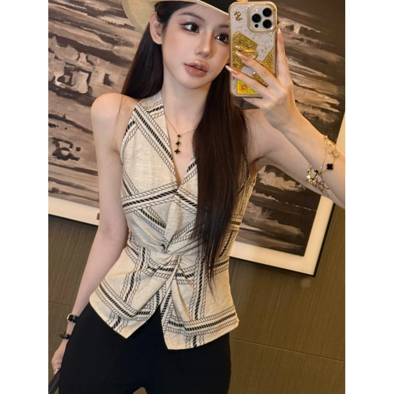 Женский жилет без рукавов с завязками на талии во французском стиле летом, стильный льняной контрастный топ с v-образным вырезом и разрезом