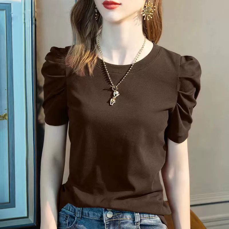 Cotton summer 2025 new short-sleeved shirt for women round neck T-shirt French puff sleeves fashionable top for women