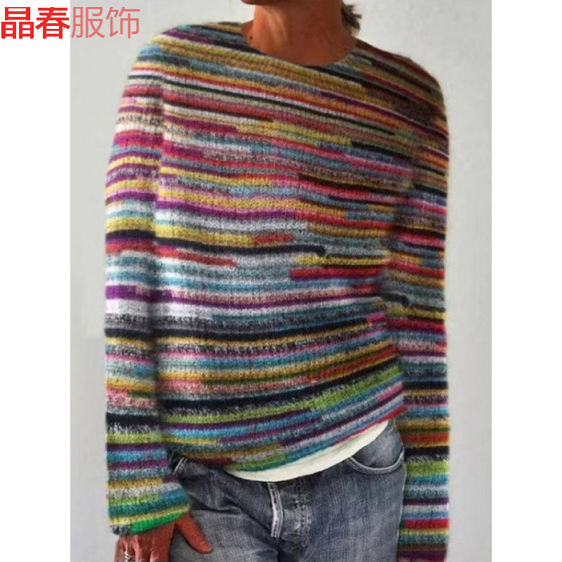 现货女式毛衣图案套头毛衣休闲宽松长袖针织上衣