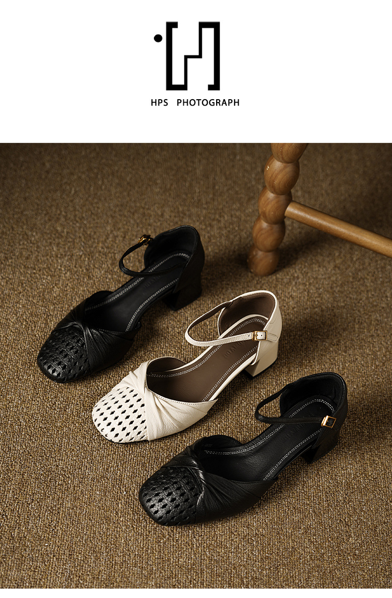 Sandal nữ da cừu mũi nhọn quai khóa một đường gót dày 5 cm — đen chi tiết 12