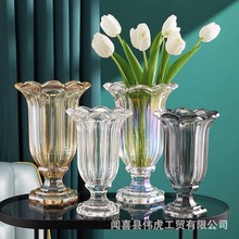 复古欧式浮雕花瓣玻璃花瓶高脚杯透明风灯电镀工艺品装饰 ins摆件