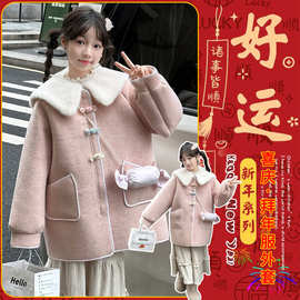 女童翻领外套毛呢大衣冬装新款韩版洋气加厚年服上衣中长款代发潮