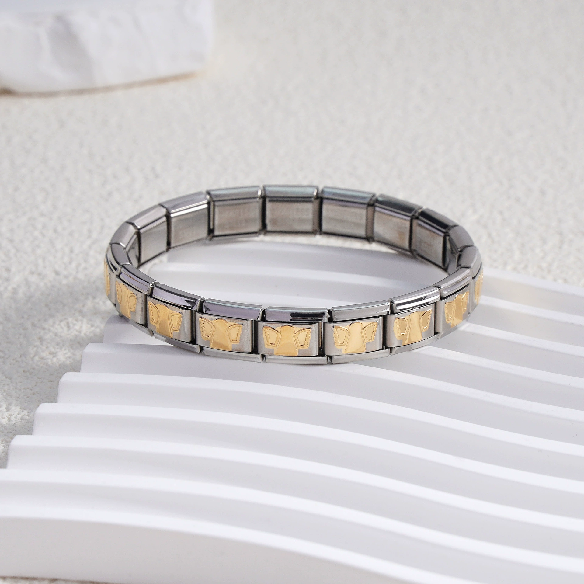 stainless steel bracelet, removable elastic link watch strap, italian european style, assorted charms