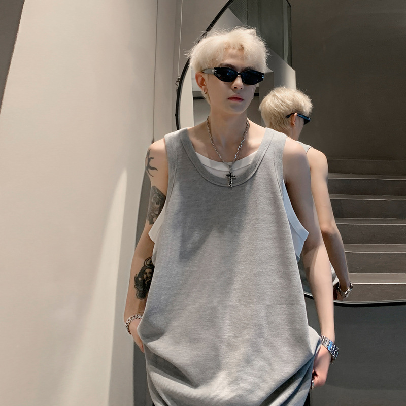 Fake Two-piece Waistcoat Men's Summer Fashionable Duffy Handsome American Style Fitness Island Holiday Sleeveless Men's T-shirt Loose