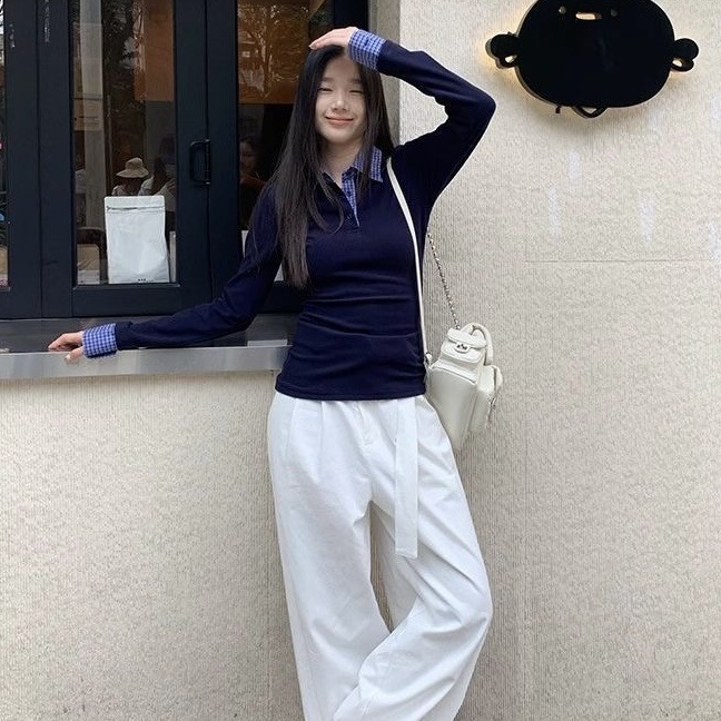 韩系格子拼接Polo领假两件针织衫女装早秋新款休闲设计感显瘦上衣|undefined