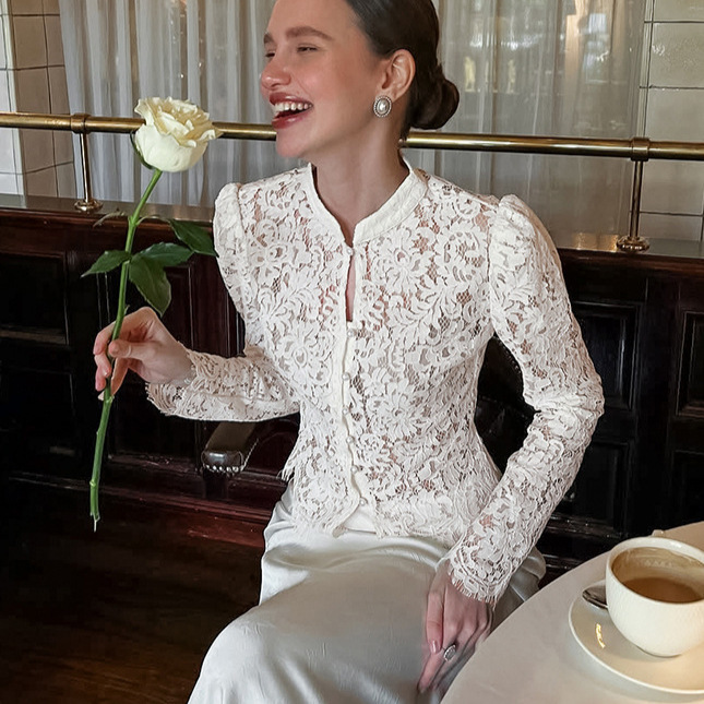 Spring French Retro Style Slim Fit Small Stand Collar Puff Sleeve Lace Knit Jacquard Top Women's High-End Shirt