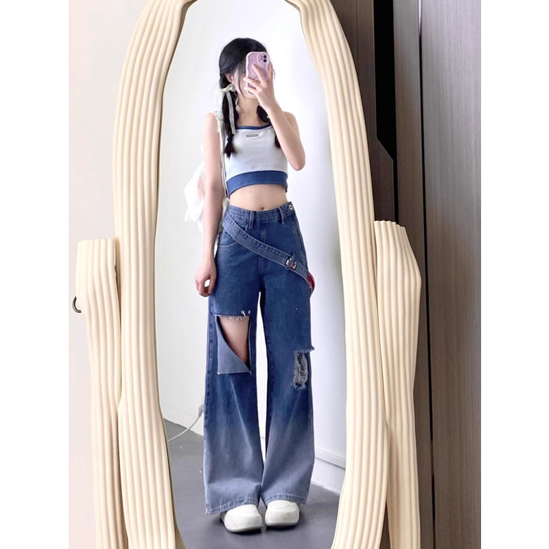 American-Style Side Zipper Dark Blue Ripped Jeans for Women Plus Size Loose Slimming Straight Wide-Leg Floor-Length Pants
