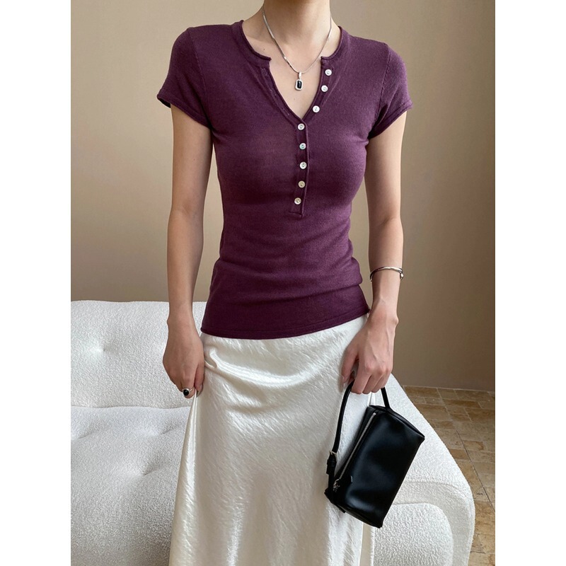 Sinan Early Autumn New Style American-Style Button Half-Placket Henley Collar Slim Fit Short Sleeve Knit Shirt Sn7775