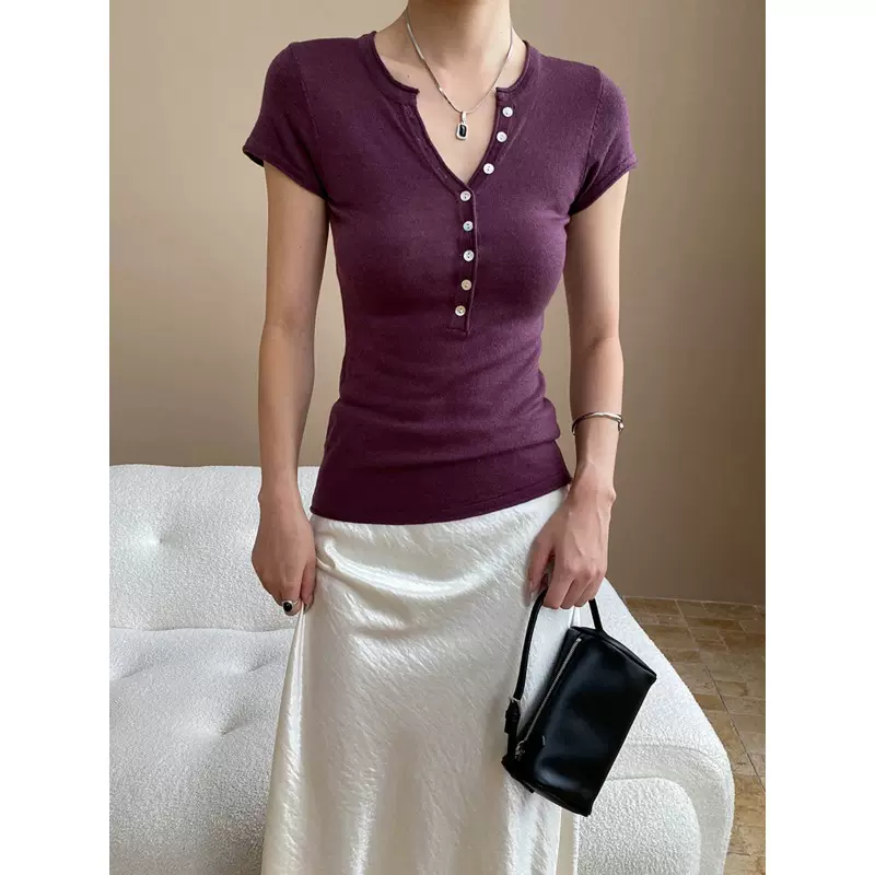 司南 早秋新款 美式纽扣半门襟亨利领修身显瘦针织衫短袖 SN7775