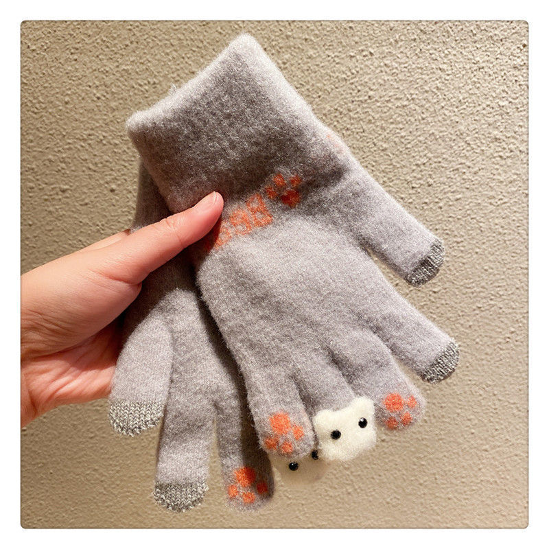 手袋の秋冬の女性のかわいい騎乗は保温を厚くして防寒学生のニットの毛糸を厚くして綿の手袋の5本の指に触れることができます。|undefined