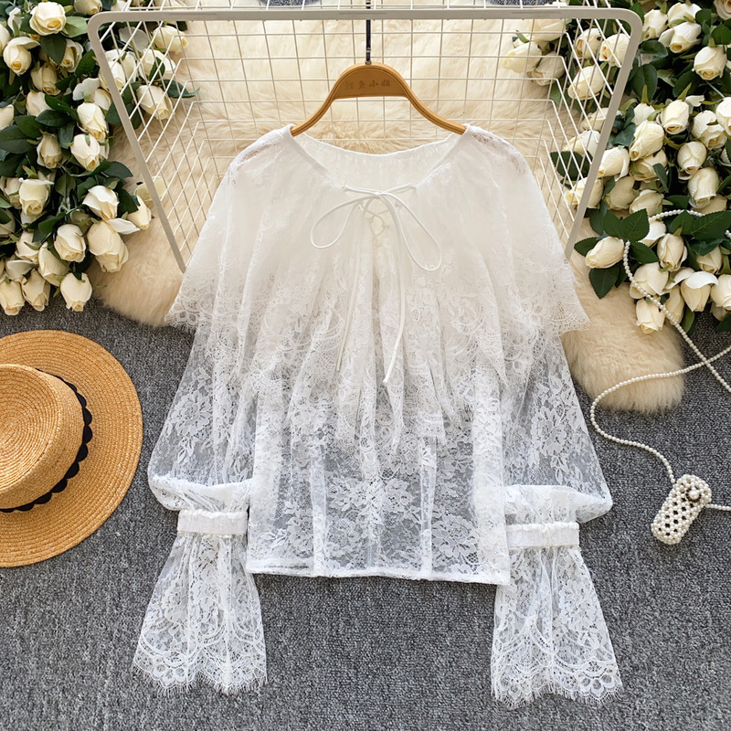 Carefully Selected French-Style Sweet and Gentle Lace-Up Round-Neck Ruffled Flared Sleeve Lace Top for Women, Thin Autumn Outerwear Carefully Selected French-Style Sweet and Gentle Lace-Up Round-Neck Ruffled Flared Sleeve Lace Top for Women, Thin Autumn Outerwear