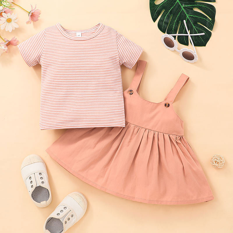 Children's Clothes Casual Suspender Skirt Two-piece Set Striped Short-sleeved T-shirt Short Skirt Set display picture 2