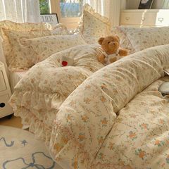Princess-style floral lace washable cotton four-piece set for bedroom bed single three-piece set including duvet cover and bedskirt set