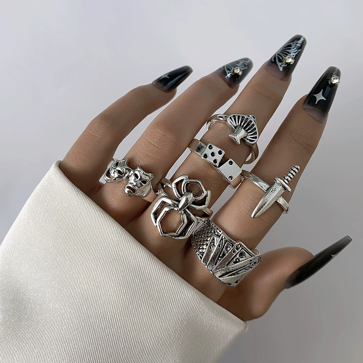Ring Set, Retro Ethnic Style, 7-Piece European-Inspired Silver-Tone Stackable Rings